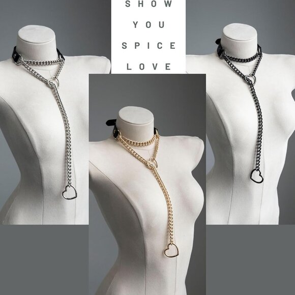 Black Handmade Punk Gothic Heart Leather Choker with Chain and Adjustable Buckle - Picture 6 of 6